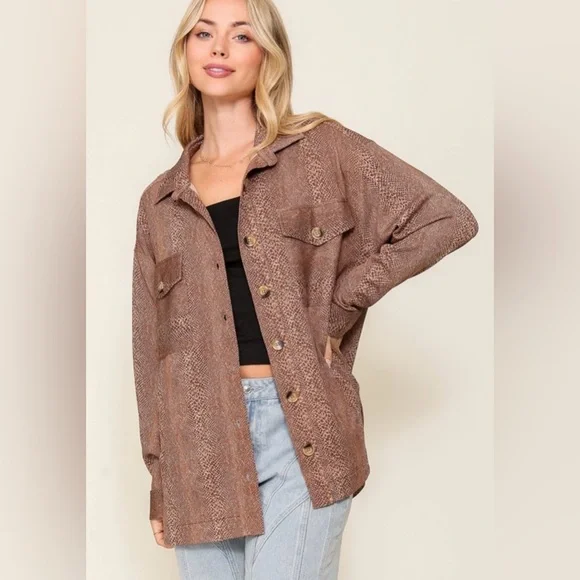 Womens Oversized Brown Button-Front Shacket Jacket - Picture 2 of 5